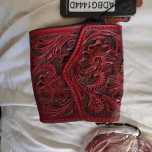 Red Floral Tooled Leather Small Purse NWT